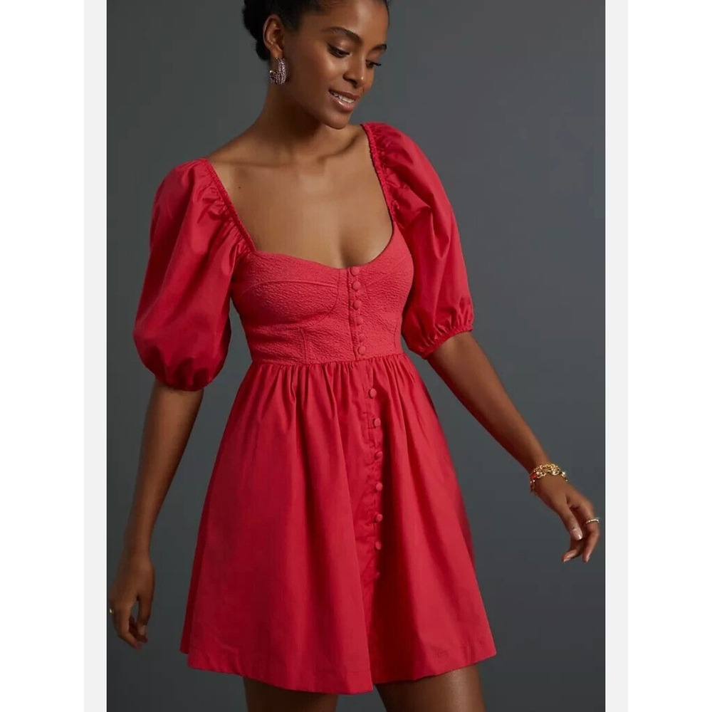 Maeve By Anthropologie‎ Mini Dress Womens S Pink Puff Sleeve Cotton Wedding